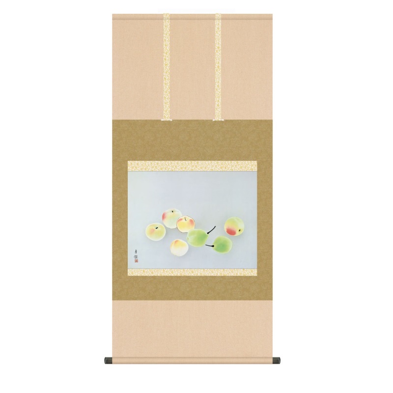 菓子(かし)洛彩緞子本表装名画複製画高精彩巧芸画〜手彩入り〜幅54.5×高さ約115cm本紙：新絹本軸先：陶器桐箱畳紙収納表装品質十年間保証付き◆ご注意ください◆手作業による仕上げの為、掲載画像と多少